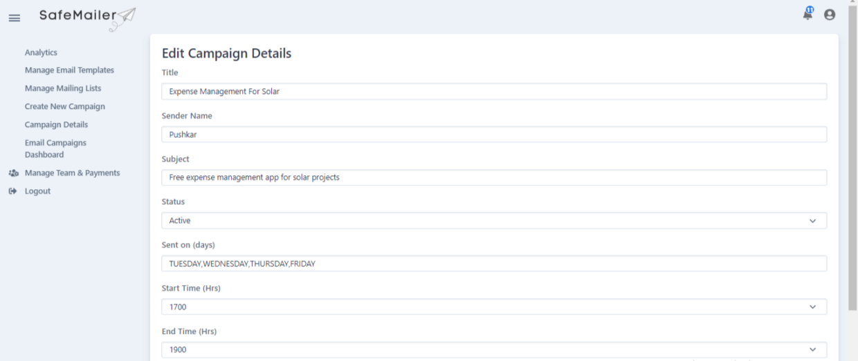 Edit Campaigns And Schedule - SafeMailer