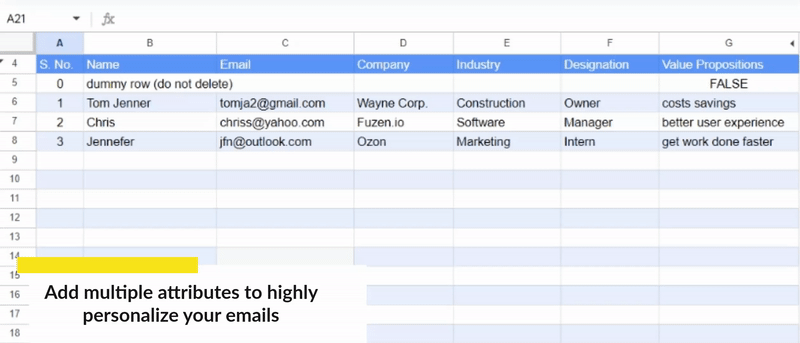 Add columns to your Google sheet with different attributes to highly personalize your emails for your mail merge operation