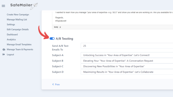 A/B testing subject lines with SafeMailer