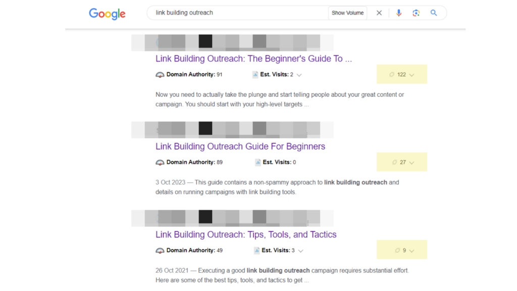 top three google results showcasing backlinks